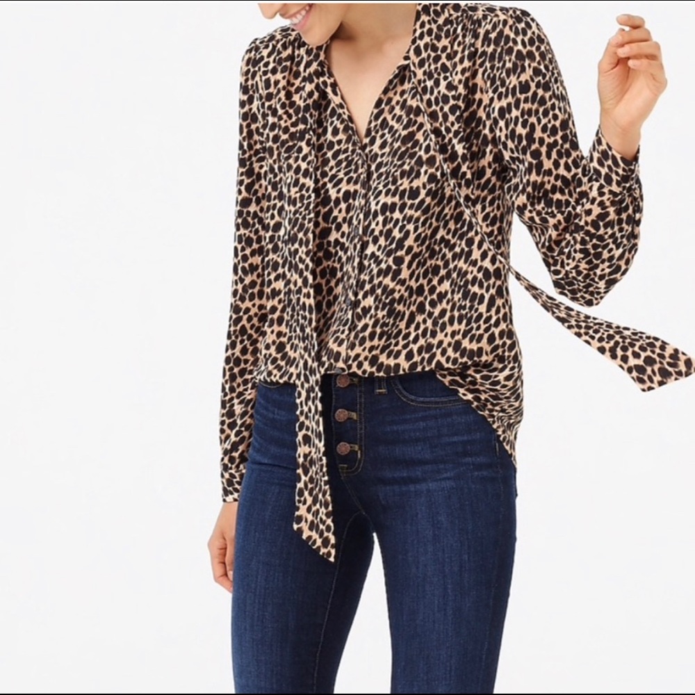 J. Crew Cheetah Print Pussy Bow Blouse Leopard M